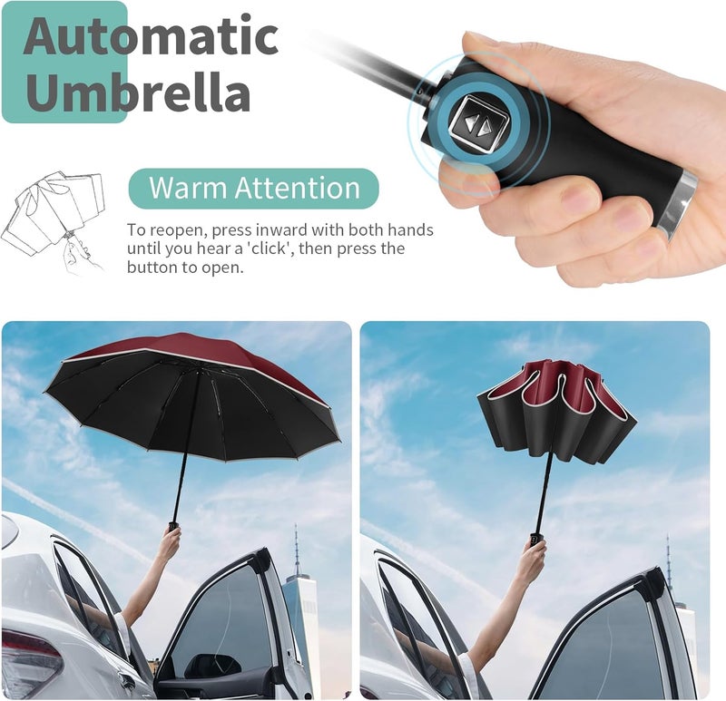 Yoobure Inverted Windproof Travel Umbrella - Automatic Umbrellas for Rain, Compact Folding with Reflective Stripe, Portable Large for Backpack, Lightweight with Sun UV Protection - Image 5